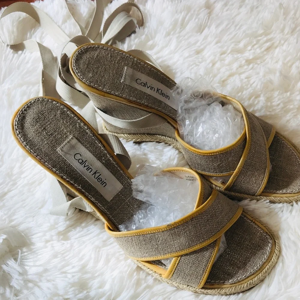 Calvin Klein Sandals Wrap Gladiator Wedge Platform Espadrille Tan Sz 6.5 Boho